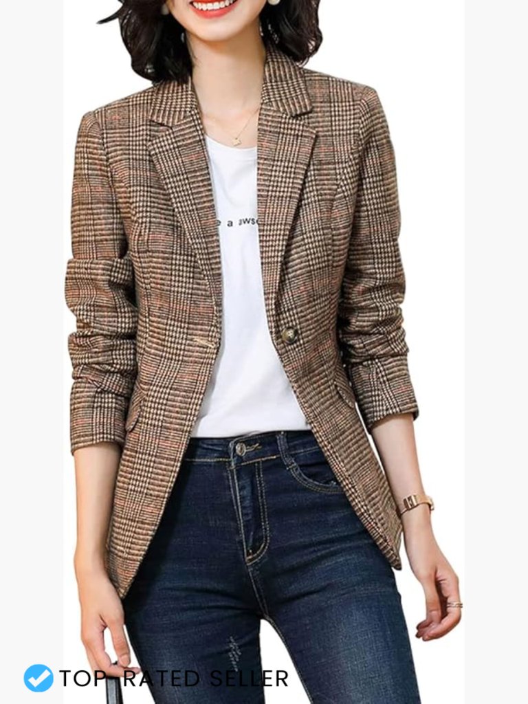 Houndstooth Plaid Blazer Notch Lapel Boyfriend Fit Chic Work Casual